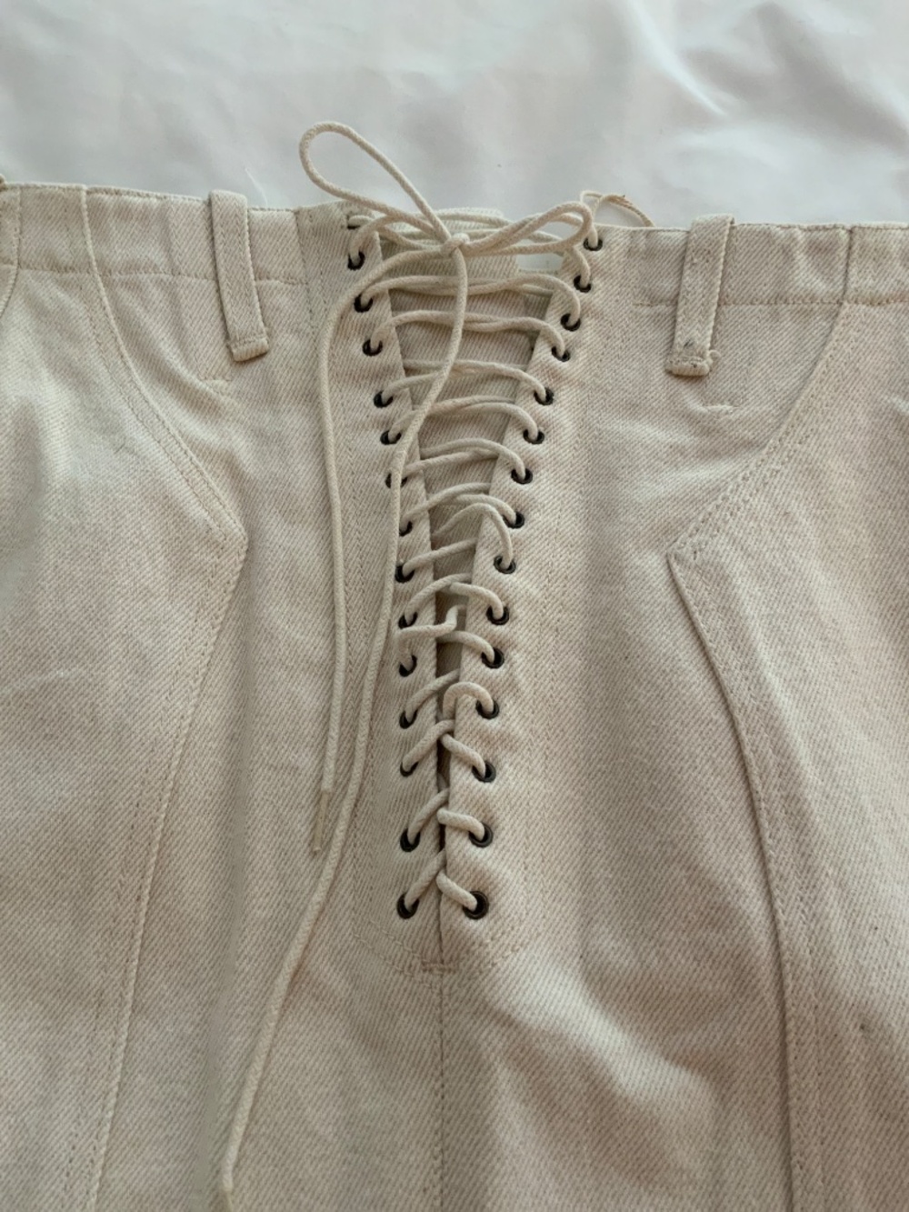 RARE SOUGHT AFTER 1991 ALAIA RUNWAY LACE UP IVORY DENIM MINI SKIRT XS - Picture 2 of 11